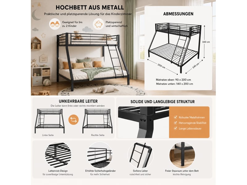  Lit superposé 90 × 200 cm et 140 × 200 cm 3 places, avec échelle réversible et barrières, sans matelas, noir  - Conforama E