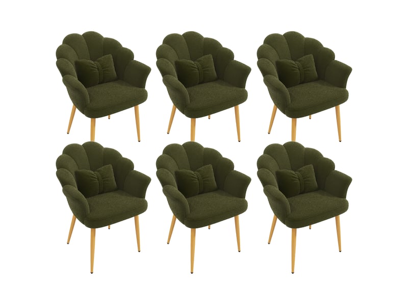 Lot de 6 fauteuils de salle à manger 64x65,5x85 cm, dossier pétale, accoudoirs, tissu teddy, pieds dorés, vert - Conforama A