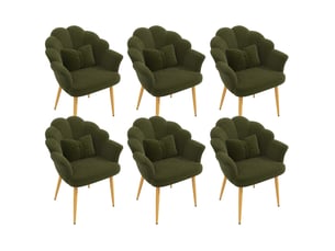 Lot de 6 fauteuils de salle à manger 64x65,5x85 cm, dossier pétale, accoudoirs, tissu teddy, pieds dorés, vert