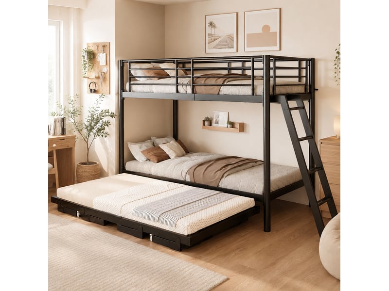  Lit superposé avec lit gigogne 90x200 cm en métal noir, structure gain de place pour chambre enfant, sans matelas  - Conforama D