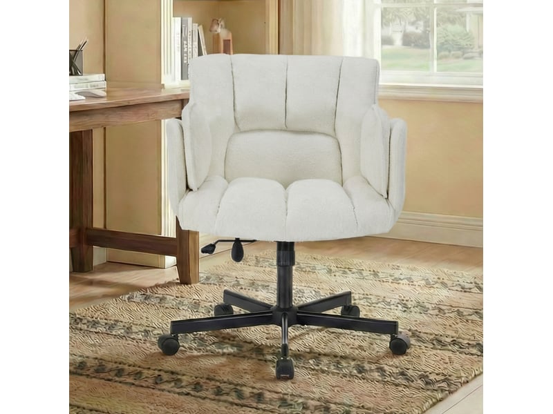  Fauteuil de bureau pivotant en tissu beige avec accoudoirs rabattables, hauteur réglable et roulettes  - Conforama C