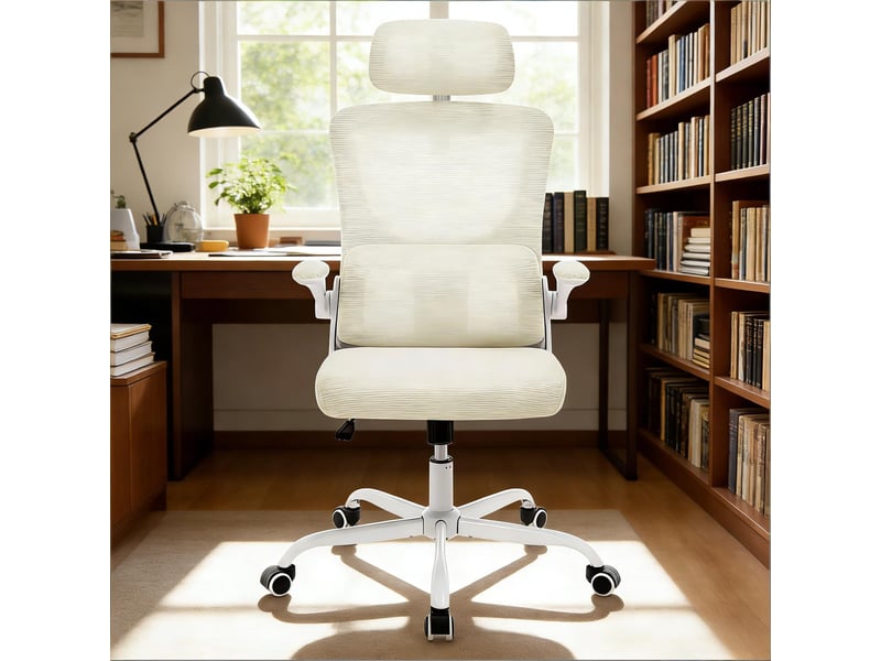  Chaise de bureau ergonomique réglable avec dossier inclinable - lpospi - appui-tête, maille et métal - beige  - Conforama C