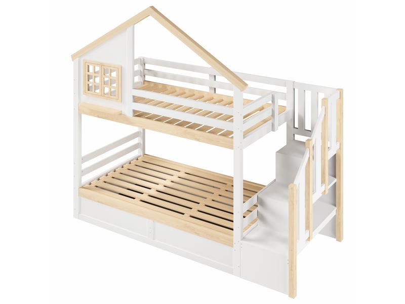 Lit superposé, 90 x 200 cm, hydraulique, avec barrière de sécurité, espace de rangement sous le lit, fenêtre et décoration intérieure, blanc et naturel - Conforama A