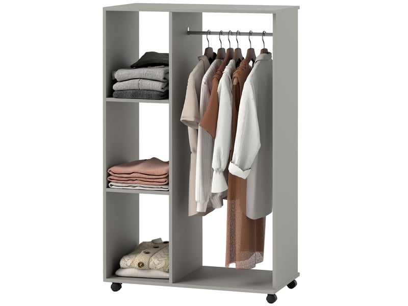  Armoire, meuble de rangement mobile à 4 roulettes, tringle et étagères ouvertes, gris  - Conforama B