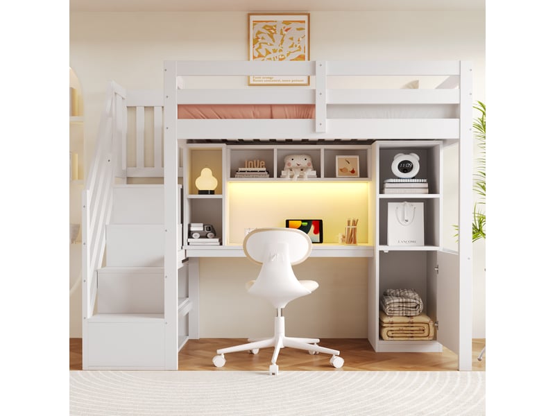  Lit mezzanine enfant 90×200 cm avec escalier, bureau, rangements, led et prises -  sans matelas, bois - blanc  - Conforama B