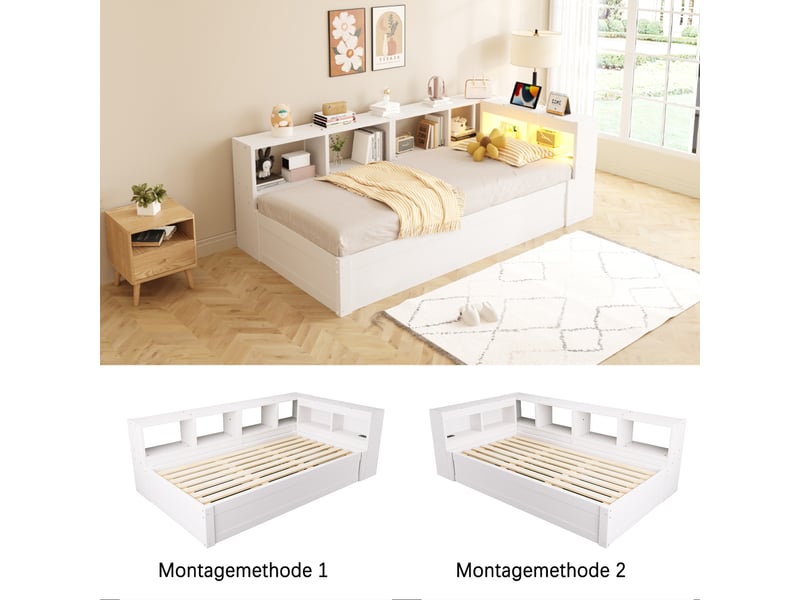  Canapé-lit 90x200 cm, lit enfant, couchage d'appoint, rangement hydraulique, led, bois blanc, prise intégrée  - Conforama W