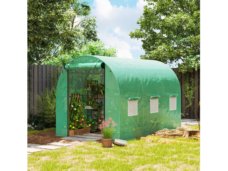 Serre tunnel de jardin 300x200x195 cm – verte – 6 fenêtres enroulables, porte à enrouler et ancrages au sol - Conforama B