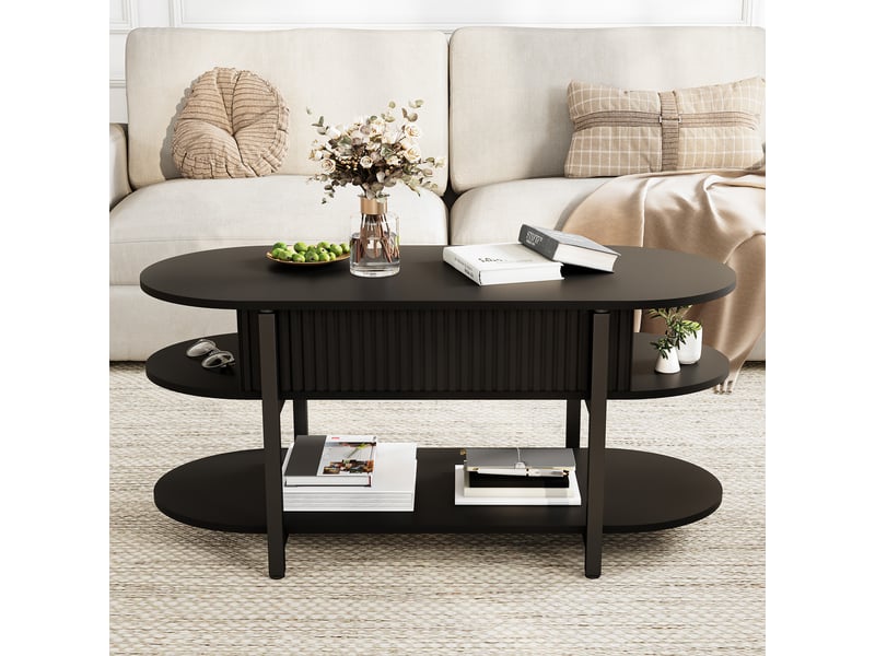  Table basse réglable en hauteur, plateau ovale, espace de rangement dissimulé, 106x50x45 cm,noir  - Conforama D