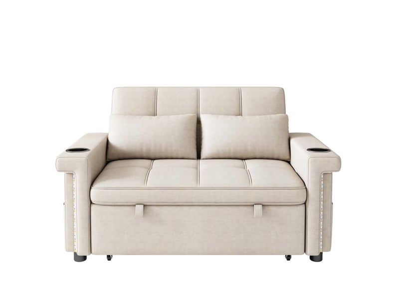 Canapé convertible 2 places modenvie avec fonction couchage, led, ports usb et type-c, dossier réglable, tissu chenille beige 145 x 141,5 x 90 cm - Conforama A