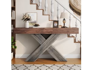 Console avec structure en x et plateau ouvert, effet bois, pour entrée et salon, en panneau de particules, noyer