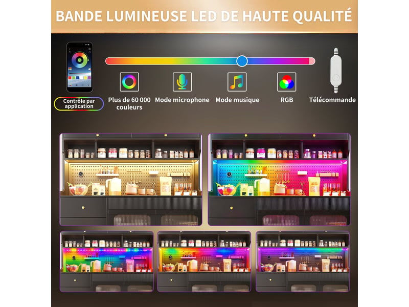  Buffet haut 145 x 39 x 171 cm , led rgb avec application, 4 portes et 5 tiroirs, étagères en verre, noir  - Conforama E