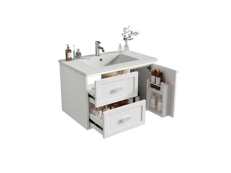  Meuble salle de bain suspendu 76 cm vasque céramique blanc laqué  - Conforama A