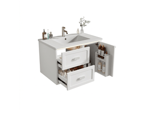 Meuble salle de bain suspendu 76 cm vasque céramique blanc laqué