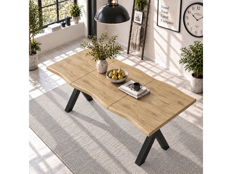 Table de séjour rectangulaire 160 x 78 x 75 cm, 4 à 6 personnes, plateau épais aux bords ondulés, structure stable, mdf, couleur bois Morn Vibe - Conforama B