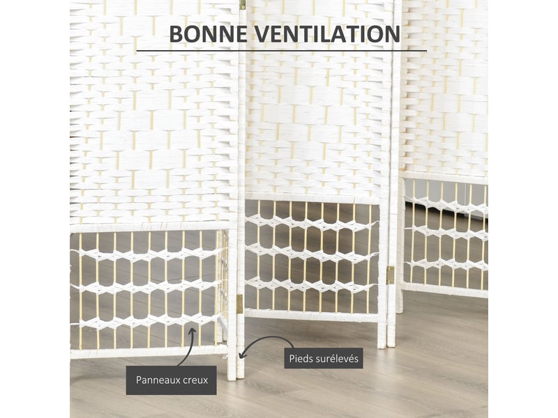  Paravent en bois 242 x 170 cm séparateur de pièce pliable 6 panneaux cloison de séparation chambre à coucher intérieur maison blanc  - Conforama D