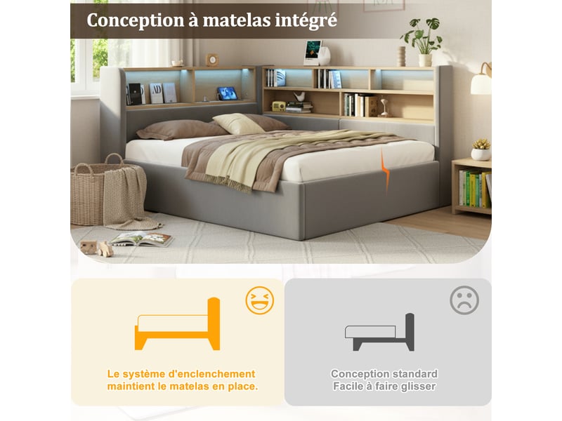  Lit de jour 140x190 cm avec rangement hydraulique, lit rembourré, canapé-lit avec led, port usb et dossier, velours gris  - Conforama E