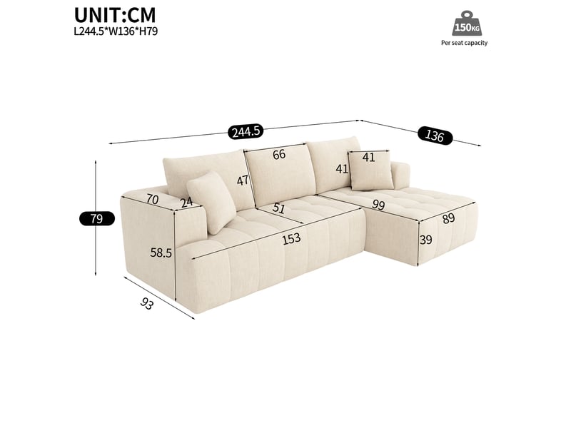  Canapé d'angle modulaire en chenille avec assise moelleuse, 2 coussins et design bas beige  - Conforama E