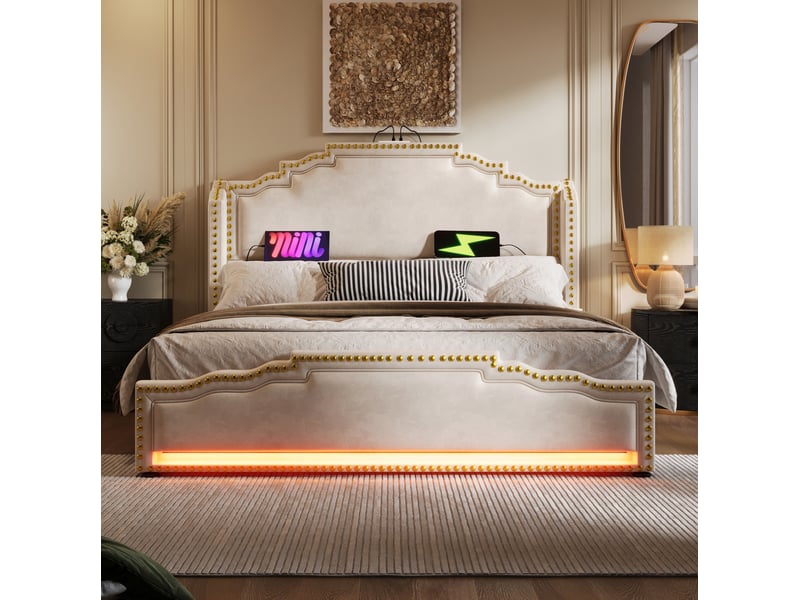  Lit coffre 160 × 200 cm 2 places avec 4 tiroirs, led réglable, usb et type-c, matelas inclus, velours beige  - Conforama C