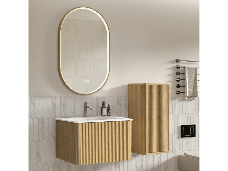  Meuble sous vasque avec meuble latéral, miroir led réglable, rangement mural pour salle de bain en mdf, coloris chêne  - Conforama B