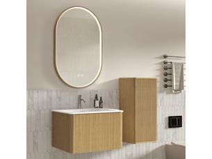 Meuble sous vasque avec meuble latéral, miroir led réglable, rangement mural pour salle de bain en mdf, coloris chêne