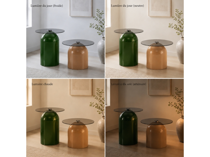 Lot de 2 tables basses gigognes, plateau en verre trempé gris et base en acier au carbone brillant, design rétro en forme de cloche. - Conforama R