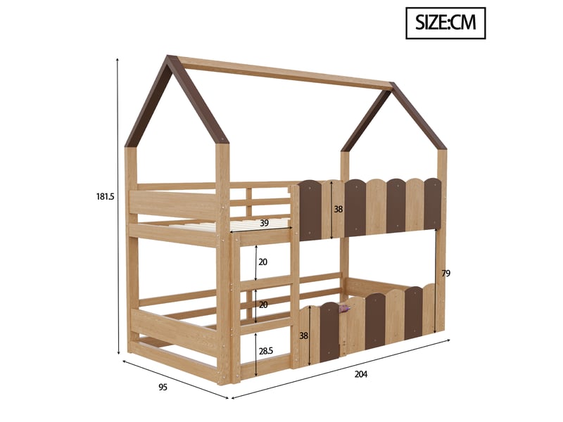  Lit superposé enfant 90x200 cm, avec forme de maison, barrières surélevées, un seul sommier, bois naturel, sans matelas  - Conforama C