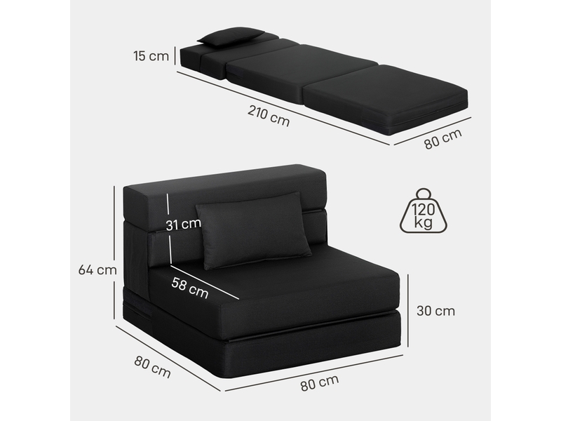  Fauteuil convertible 1 place fauteuil lit pliant, coussin inclus, pour invités, salon, petit espace, charge 120 kg, noir  - Conforama C