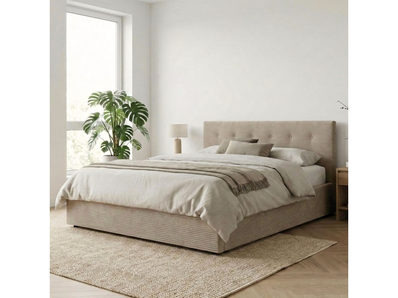 Lit coffre 160x200 velours côtelé taupe avec tête de lit terre de nuit - Conforama B