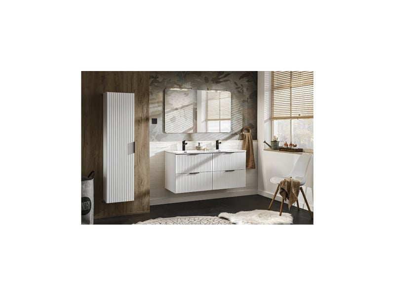  Ensemble de salle de bain noxera 120 cm – meuble sous vasque suspendu blanc alpin avec double vasque encastrée, miroir led et co  - Conforama B
