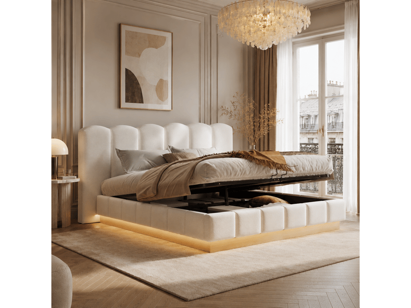  Lit coffre 180x200 cm, lit double, sommier à lattes, rangement hydraulique, tissu bouclé blanc, led  - Conforama C