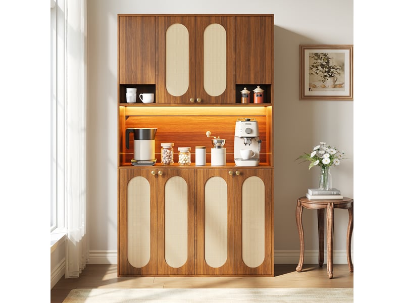 Buffet et enfilade haut à 8 portes, niches ouvertes et led réglable pour salle à manger, mdf naturel 106×40×178 cm - Conforama B