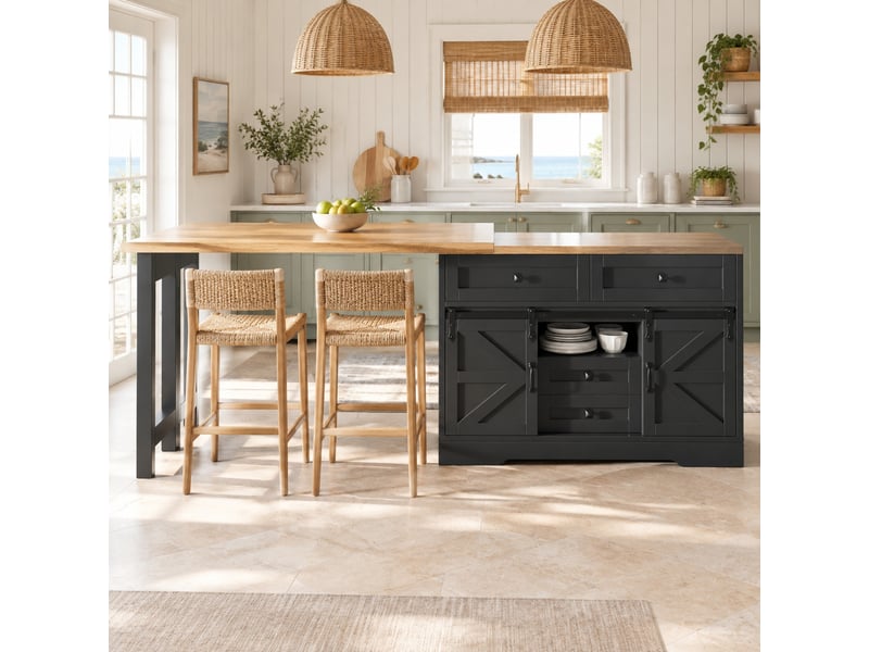  Desserte de cuisine extensible avec placard, tiroirs cachés et plateaux pivotants pour cuisine, mdf noir, 120 × 40 × 72 cm  - Conforama B