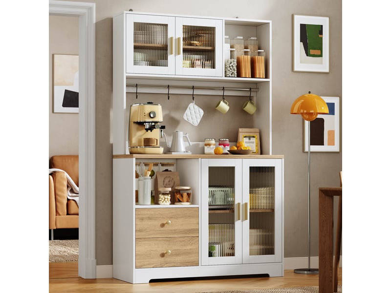 Buffet haut de cuisine 110x40x178 cm avec led rgb, 2 prises, 2 usb, 4 portes en verre trempé, étagères réglables, barre et crochets, blanc naturel - Conforama C