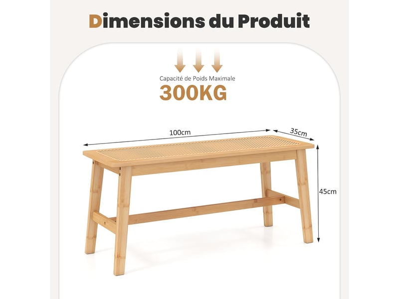  Costway banc de salle à manger en bambou, assise en rotin pvc pour 2 pers, patins antidérapants, charge 300kg  - Conforama B