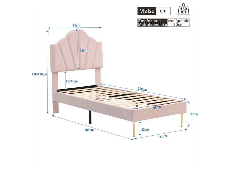  Modenvie lit capitonné 90x200 cm - velours, tête de lit réglable, pieds dorés - pour chambre - rose  - Conforama C