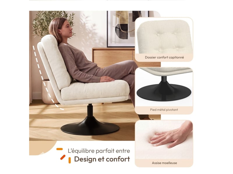  Fauteuil pivotant alfred en velours côtelé beige pied tulipe métal noir  - Conforama C