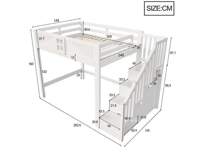  Lit mezzanine 140 × 200 cm 2 places avec escalier de rangement et barrières, sans matelas, en bois blanc  - Conforama D
