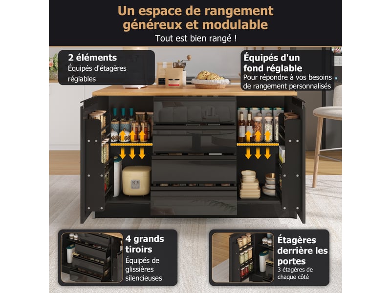 Desserte de cuisine extensible avec 4 tiroirs et 2 portes en mdf 140×80×90 cm noir naturel - Conforama C