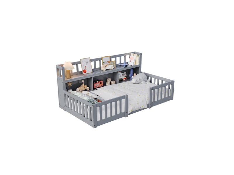  Lit enfant 90x200 cm avec bibliothèque, lit au sol avec barrière de sécurité et sommier à lattes, cadre de lit montessori au sol en bois massif, gris  - Conforama A
