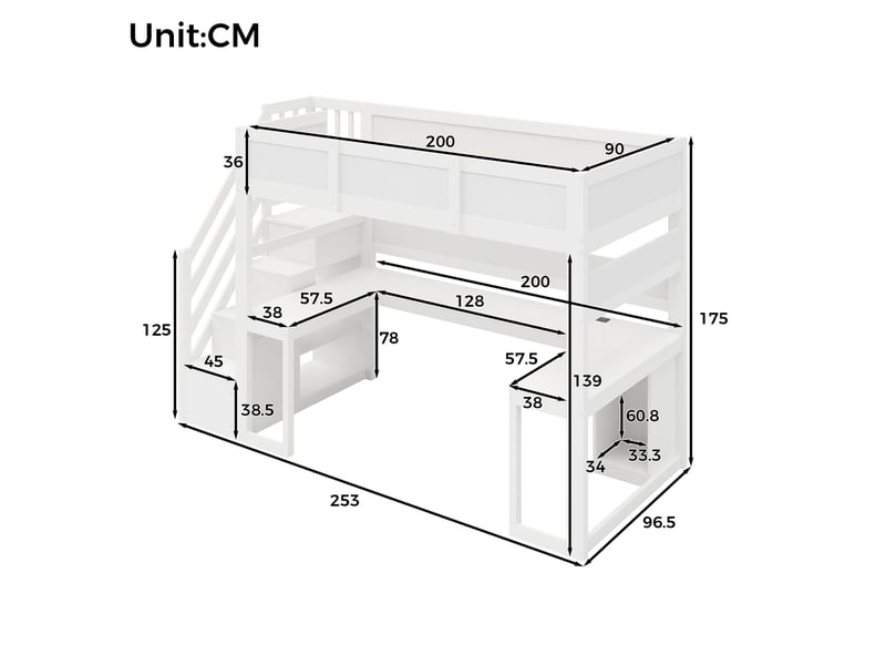  Lit mezzanine 90 × 200 cm 1 place avec bureau, rangement, led réglable et usb, sans matelas, en mdf blanc  - Conforama D