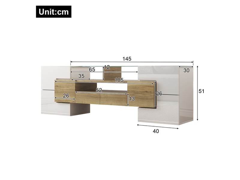  Meuble tv bas 145 cm blanc brillant et décor bois avec éclairage led multicolore  - Conforama C