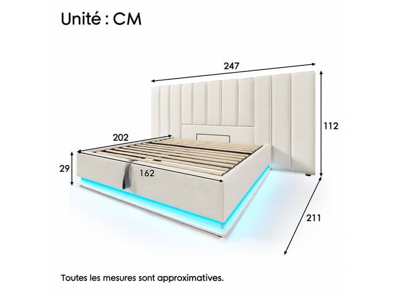 Lit coffre 160 x 200 cm avec sommier à lattes, led et ports usb-c, blanc - Conforama C