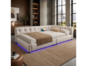 Lit banquette ulevr 90 x 200 cm avec sommier à lattes, led 7 couleurs, usb et type-c, en lin beige