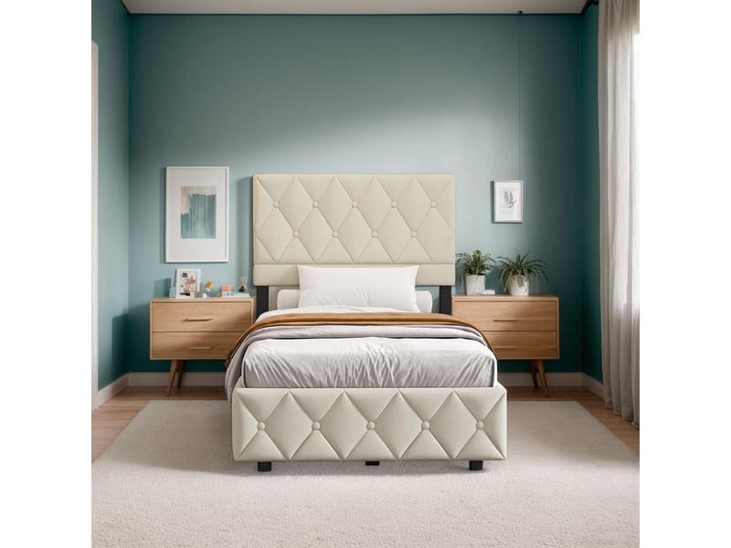  Lit rembourré, lit simple 90 x 200 cm en velours avec lattes en bois et cadre en métal, sans matelas, beige  - Conforama B
