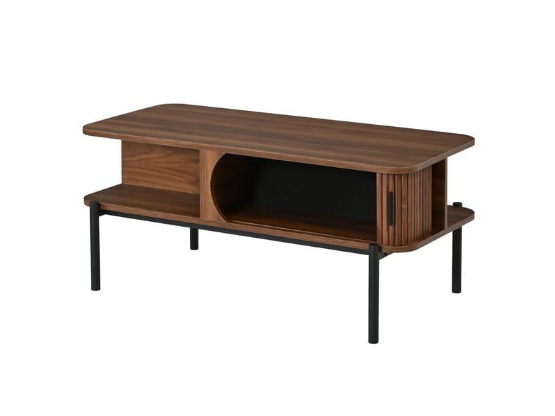 Table basse moderne 100 × 45 × 43 cm avec rangement, portes coulissantes et pieds métal noirs - Conforama D