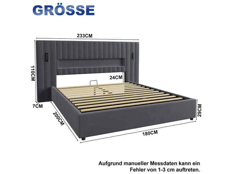  Lit double 180x200 cm, lit coffre avec liseuse, port usb, gris, sans matelas  - Conforama C