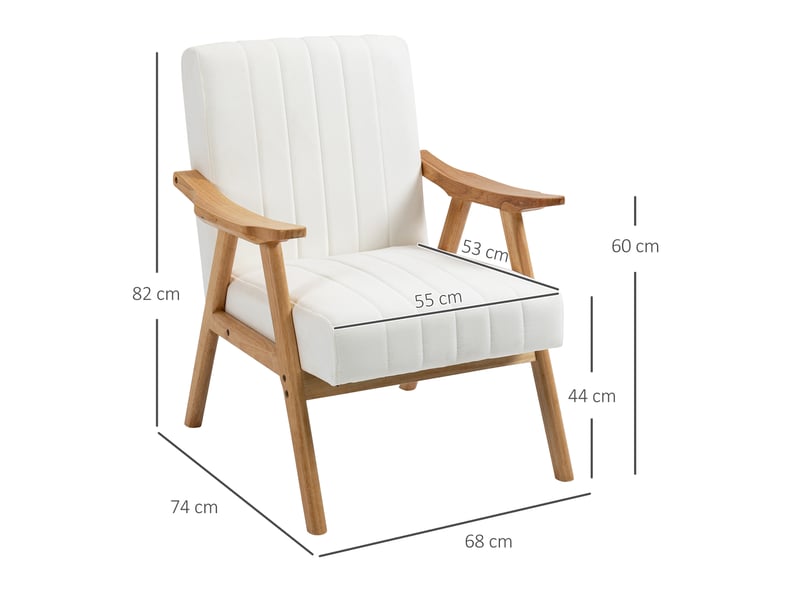  Fauteuil rembourré avec accoudoirs et ressorts sous l’assise, style scandinave en bois et tissu aspect velours blanc crème  - Conforama C