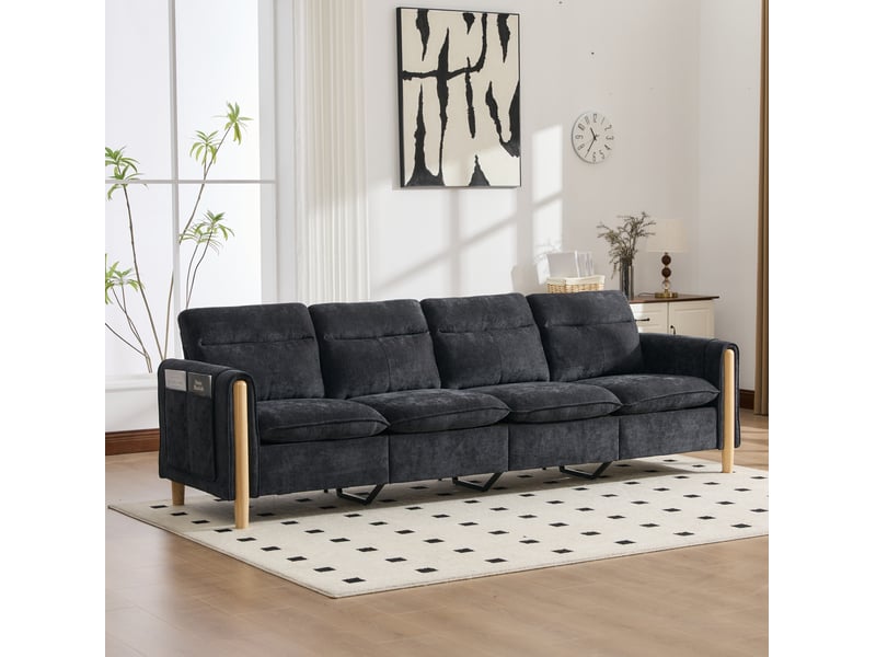  Canapé modulable 4 places modenvie avec deux poufs coffres, forme en u, tissu chenille noir  - Conforama B