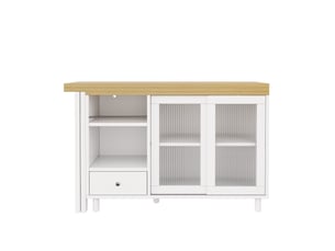 Table à manger extensible pliante nature+blanc, avec rangement, panneau vitré, pivotante à 360°
