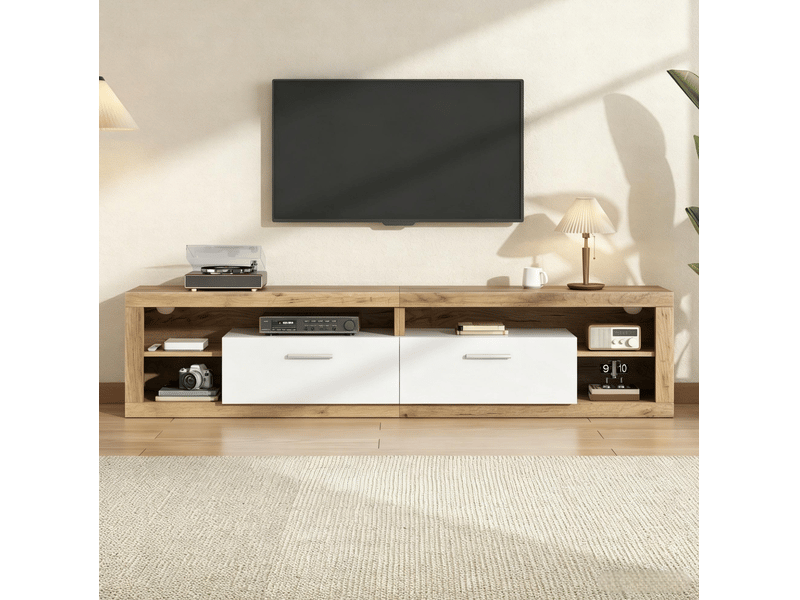  Meuble tv modenvie avec led contrôlées par application 180 x 35,5 x 50 cm 2 tiroirs 4 niches décor bois naturel et blanc  - Conforama D